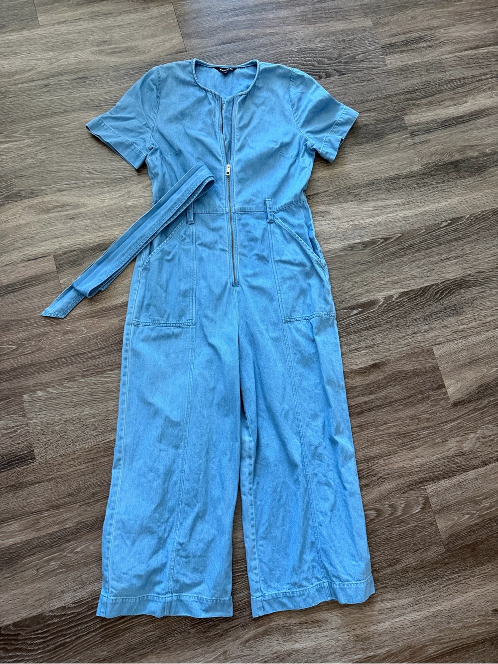 Whistles Light Blue Denim Short-Sleeve Jumpsuit with Belt